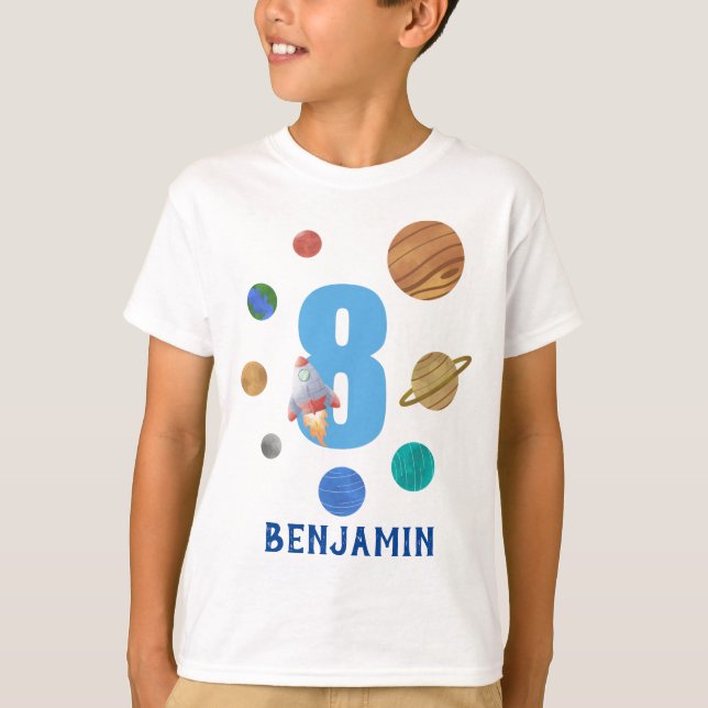 Camiseta 8.º Aniversário Planetas do Sistema Solar (Frente)
