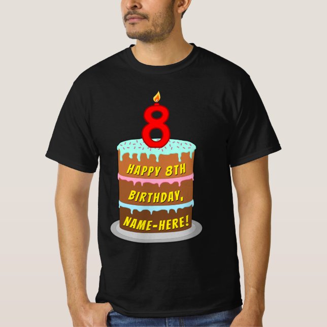 Camiseta 8.o aniversário — Bolo e Vela Diversão com Nome Pe (Frente)