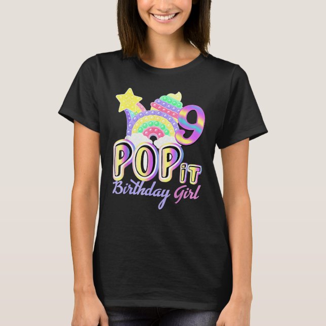 Camiseta 9º Aniversário do Arco-Íris Fidget Pop It Birthday (Frente)