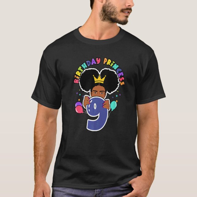 Camiseta 9º aniversário Melanin Princesa Afro Puff Girl (Frente)