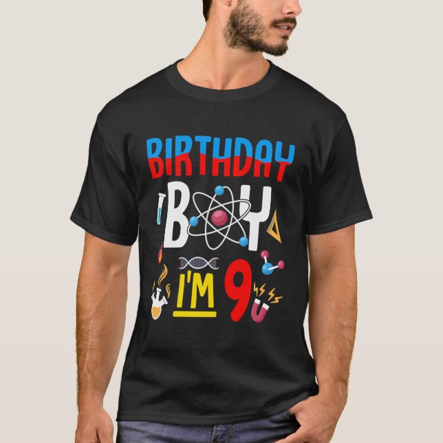 Camiseta 9º Aniversário Meninos Ciência Tema 9 Anos Fu (Frente)