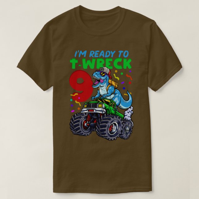 Camiseta 9º Aniversário Monster Truck T Rex (Frente do Design)