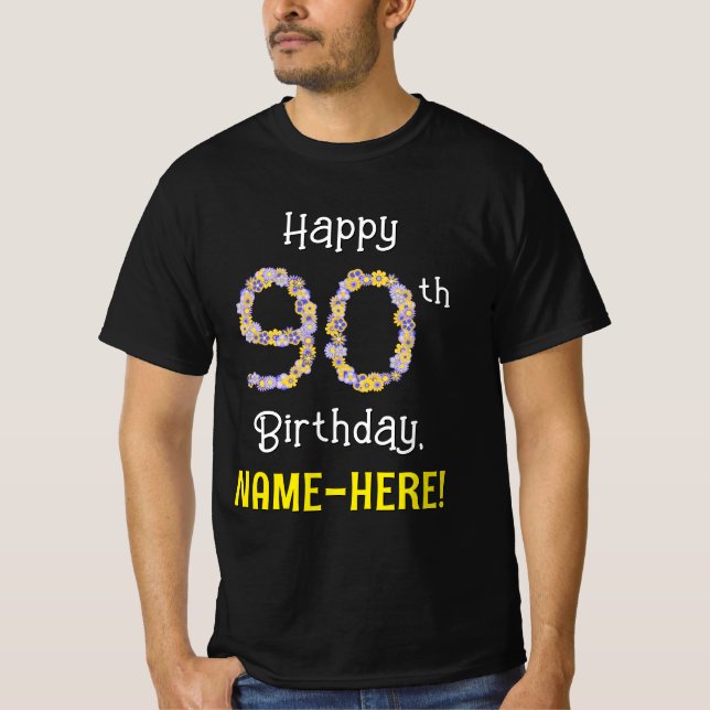 Camiseta 90 Aniversário: Flores Número "90" + Nome (Frente)