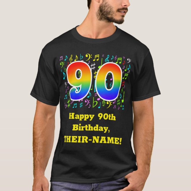 Camiseta 90 Aniversário: Símbolos Musicais Coloridos, Rainb (Frente)