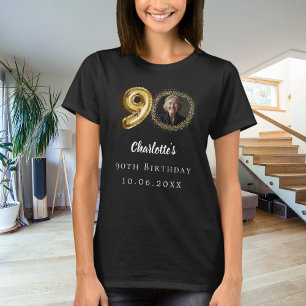 Camiseta 90 de aniversário foto de ouro preto