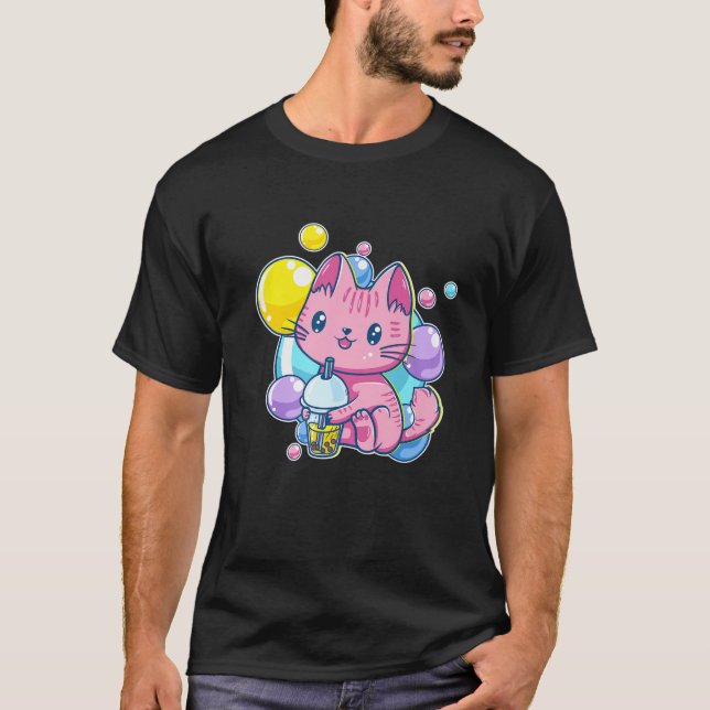 Camiseta 90S Bebendo B de Gatinhos Gatinhos Kawaii Pink Pas (Frente)