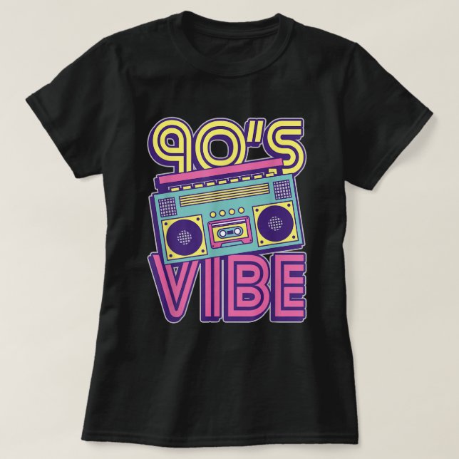 Camiseta 90s Vibe Retro Boombox Neon Aesthetic Design (Frente do Design)