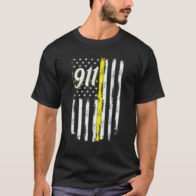 Camiseta 911 Dispatcher Thin Yellow Line Police USA Flag (Frente)