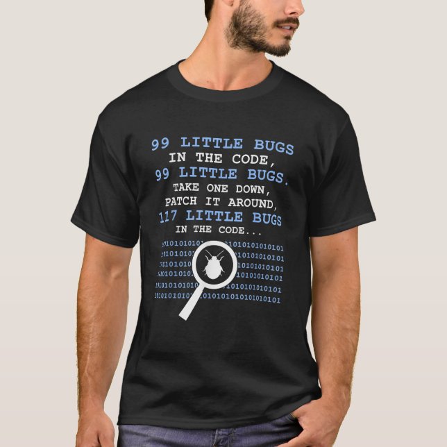 Camiseta 99 Pequenos Bugs No Código Divertido (Frente)