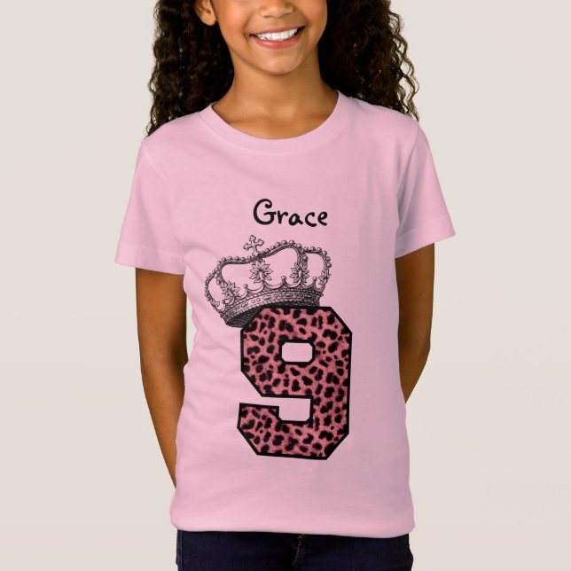 Camiseta 9.º aniversário Princesa Coroa e Leopardo Rosa V08 (Frente)
