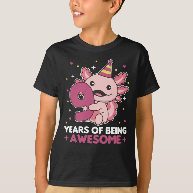 Camiseta 9.o aniversário Axolotl 9 anos Eixolots Cute (Frente)