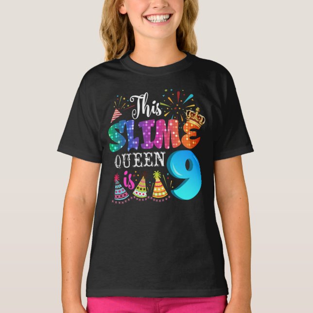 Camiseta 9th Birthday For Girls 9 Year Old Girl Slime Queen (Frente)