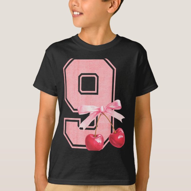 Camiseta 9th Birthday Girl Cherry Coquette Bow 9 Year Old G (Frente)