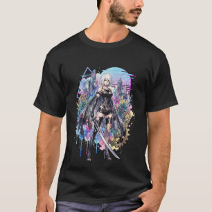 Camiseta A2 NieR Automata Cabelo Branco Prateado Comprido D