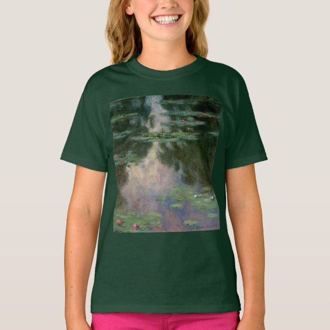 Camiseta A ÁGUA ESTÁ EM PINK VERDE POND, por Claude Monet (Frente)