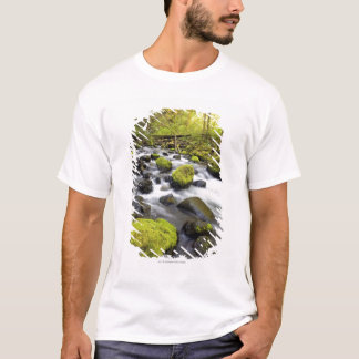 Camiseta A água que flui pelo musgo cobriu rochas em um