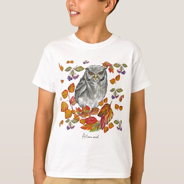 Camiseta A aquarela cai em lindas corujas e folhas (Frente)