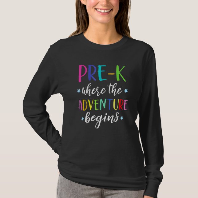 Camiseta A Aventura de Professores Pré-K Começa A Pré-Escol (Frente)