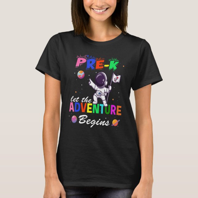 Camiseta A Aventura Pré-K de Professores Começa A Pré-Escol (Frente)