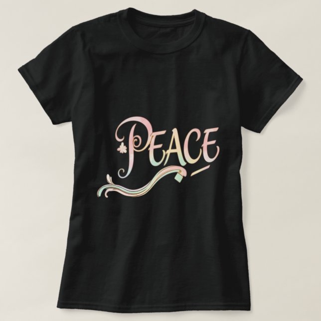 Camiseta A beautiful, flowing script of the word "Peace" fe (Frente do Design)