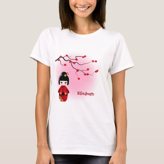 Camiseta A boneca japonesa do kokeshi em sakura floresce (Frente)
