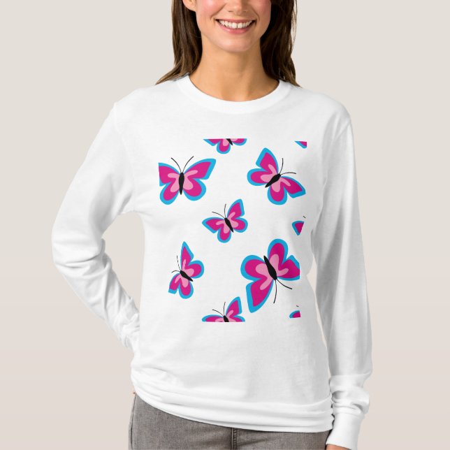 Camiseta A Borboleta Rosa de Borda Azul (Frente)