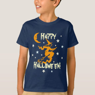 Camiseta A bruxa feliz do Dia das Bruxas na vassoura Stars