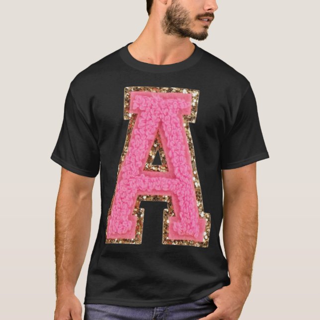 Camiseta A - Bubblegum Glitter Varsity - Letra Patches (Frente)