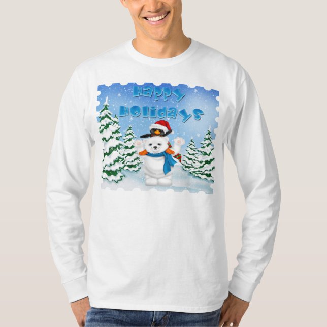 Camiseta A Capa longa T dos homens do pinguim do urso polar (Frente)