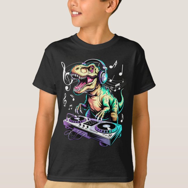 Camiseta A Cute T-rex Playing Electronic Music Funny Dj Din (Frente)