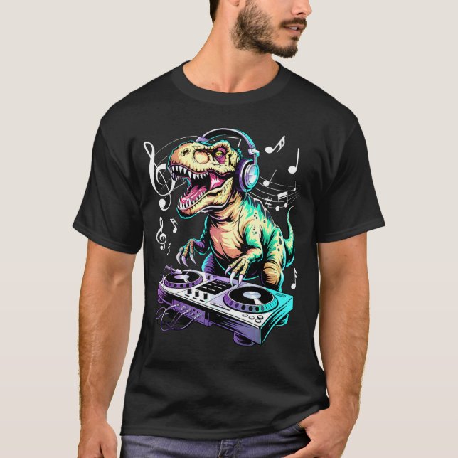 Camiseta A Cute T-rex Playing Electronic Music Funny Dj Din (Frente)