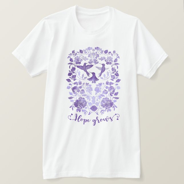 Camiseta A esperança cresce - Lavanda Linocut Bird Inspirat (Frente do Design)