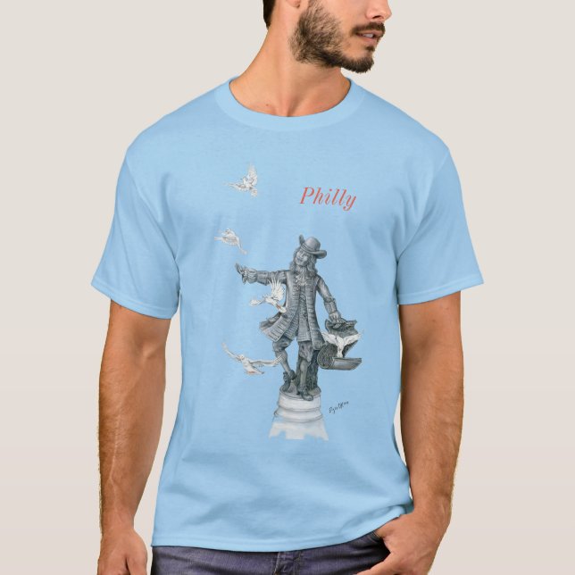 Camiseta A estátua William Penn, de Filly, liberando pombos (Frente)