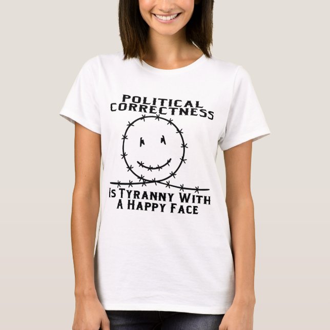 Camiseta A exatidão política é tirania com uma cara feliz (Frente)