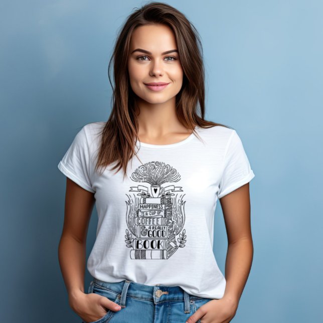 Camiseta "A felicidade é uma xícara de café e um bom livro" (Criador carregado)