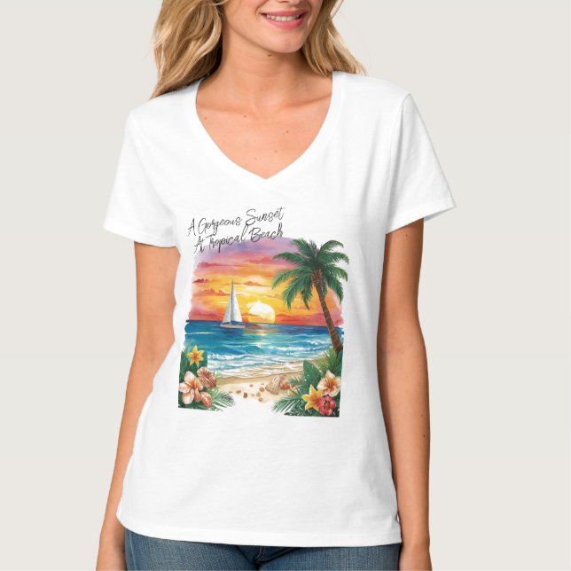Camiseta A Gorgeous Sunset At Tropical Beach, Vacation,  T- (Frente)