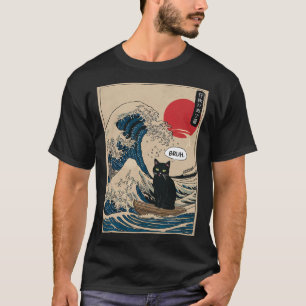 Camiseta A Grande Onda Kanagawa Gato Japonês Engraçado de S