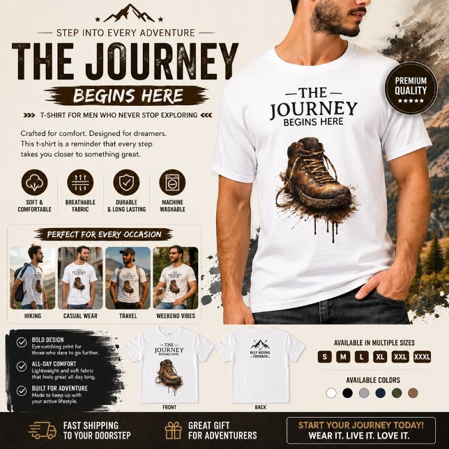 Camiseta "A Jornada Começa Aqui - Bota de Caminhada Robusta (Criador carregado)