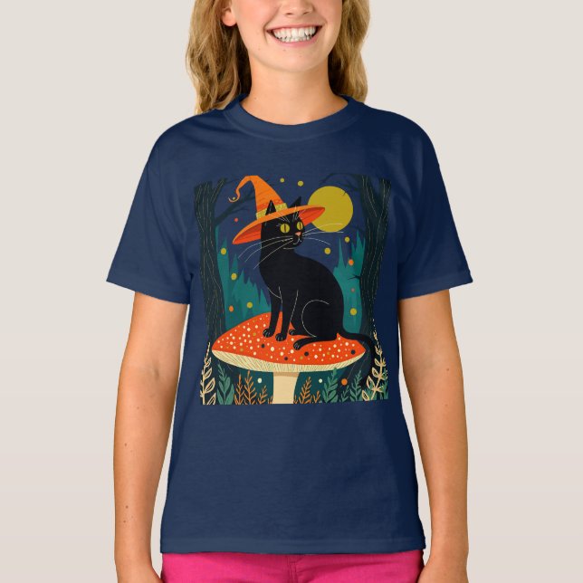 Camiseta A Little Black Witchy Cat Sitting On A Toadstool (Frente)