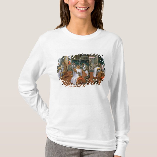 Camiseta A loja de barbeiro com macacos e gatos (Frente)