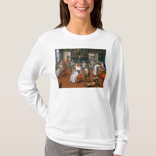 Camiseta A loja de barbeiro com macacos e gatos (Frente)