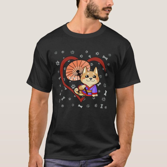 Camiseta A Lovely Shiba Inu in Kimono and Umbrella (Frente)