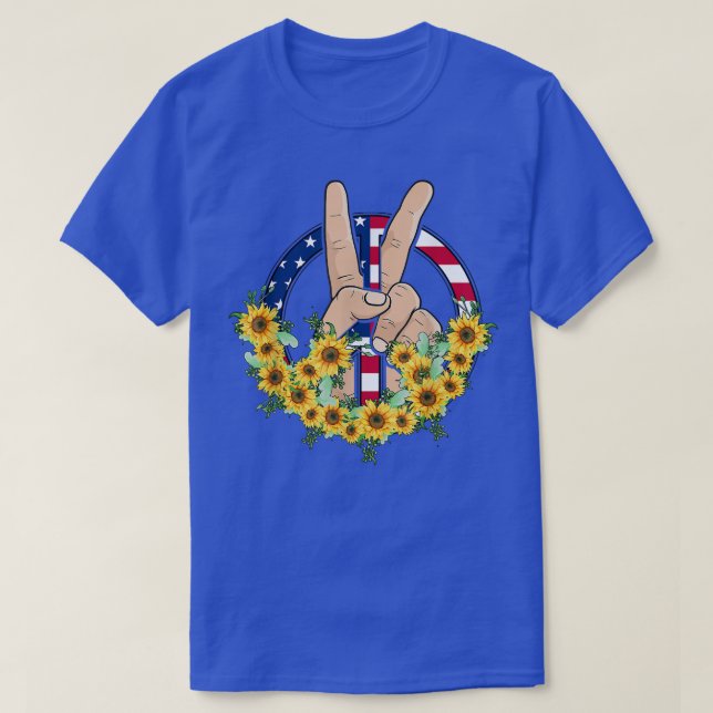 Camiseta A Mão Da Paz Em Paz Bandeira Americana De Girassol (Frente do Design)