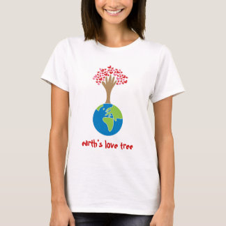Camiseta A Mão da Terra e Árvore de Amor do Coração Vermelh