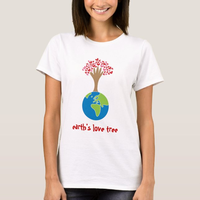 Camiseta A Mão da Terra e Árvore de Amor do Coração Vermelh (Frente)
