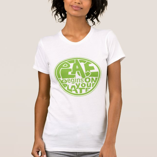 Camiseta A paz do slogan do Vegan começa em sua placa (Frente)