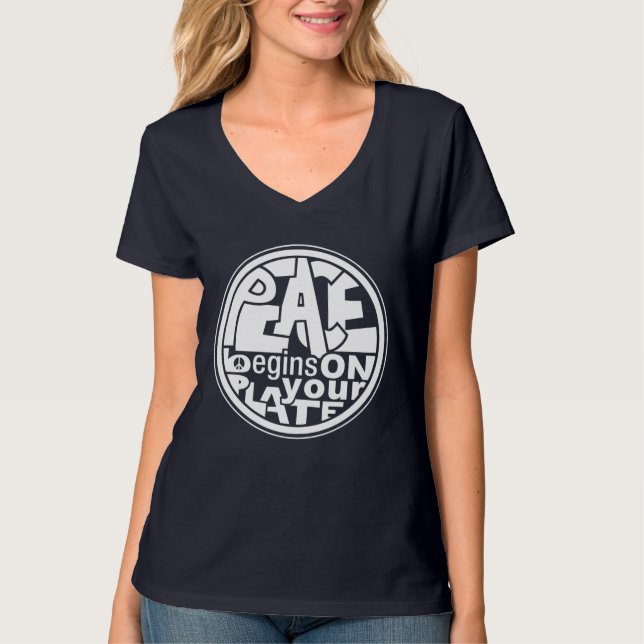 Camiseta A paz do slogan do Vegan começa em sua placa (Frente)