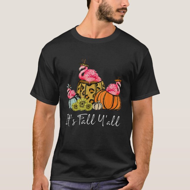 Camiseta A queda é Yall Flamingo Lover Leopard Pumpkin Fall (Frente)