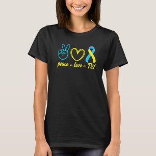 Camiseta A Síndrome de Fita Azul Amarelo do Peace Love T21