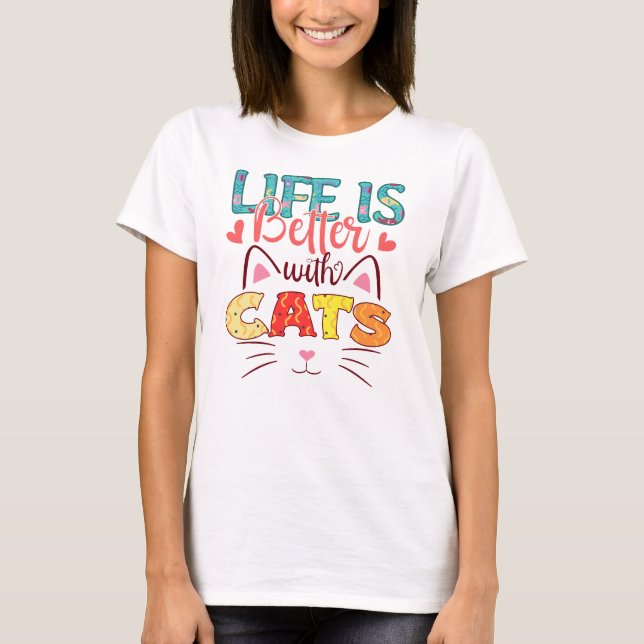 CAMISETA A VIDA COLORIDA É MELHOR COM GATOS (Frente)